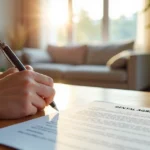 Pessoa assinando contrato de aluguel por temporada em apartamento moderno iluminado