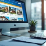 Tela de computador mostrando plataforma online de leilão de imóveis da Caixa com lista de propriedades e detalhes financeiros e uma caneta ao lado